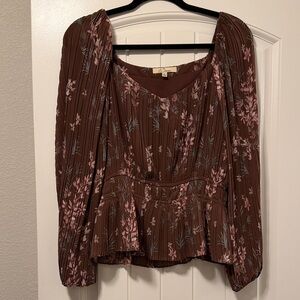 Chic Brown Floral Blouse with Pink Accents